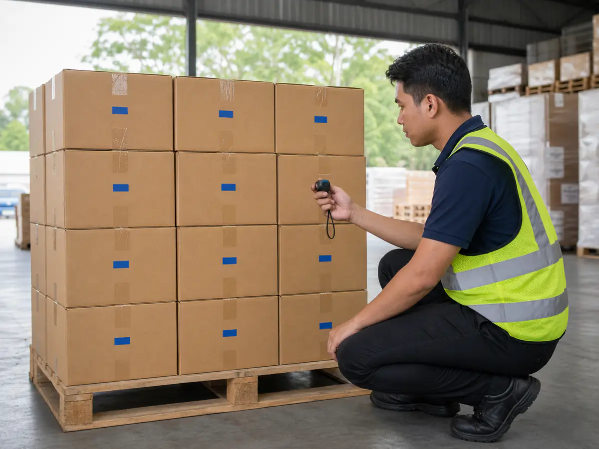 Pekerja gudang mengira kotak pada pallet komersial