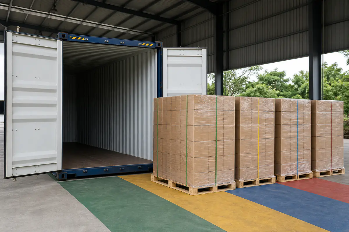 Pallet disusun di sebelah kontena untuk perancangan FCL