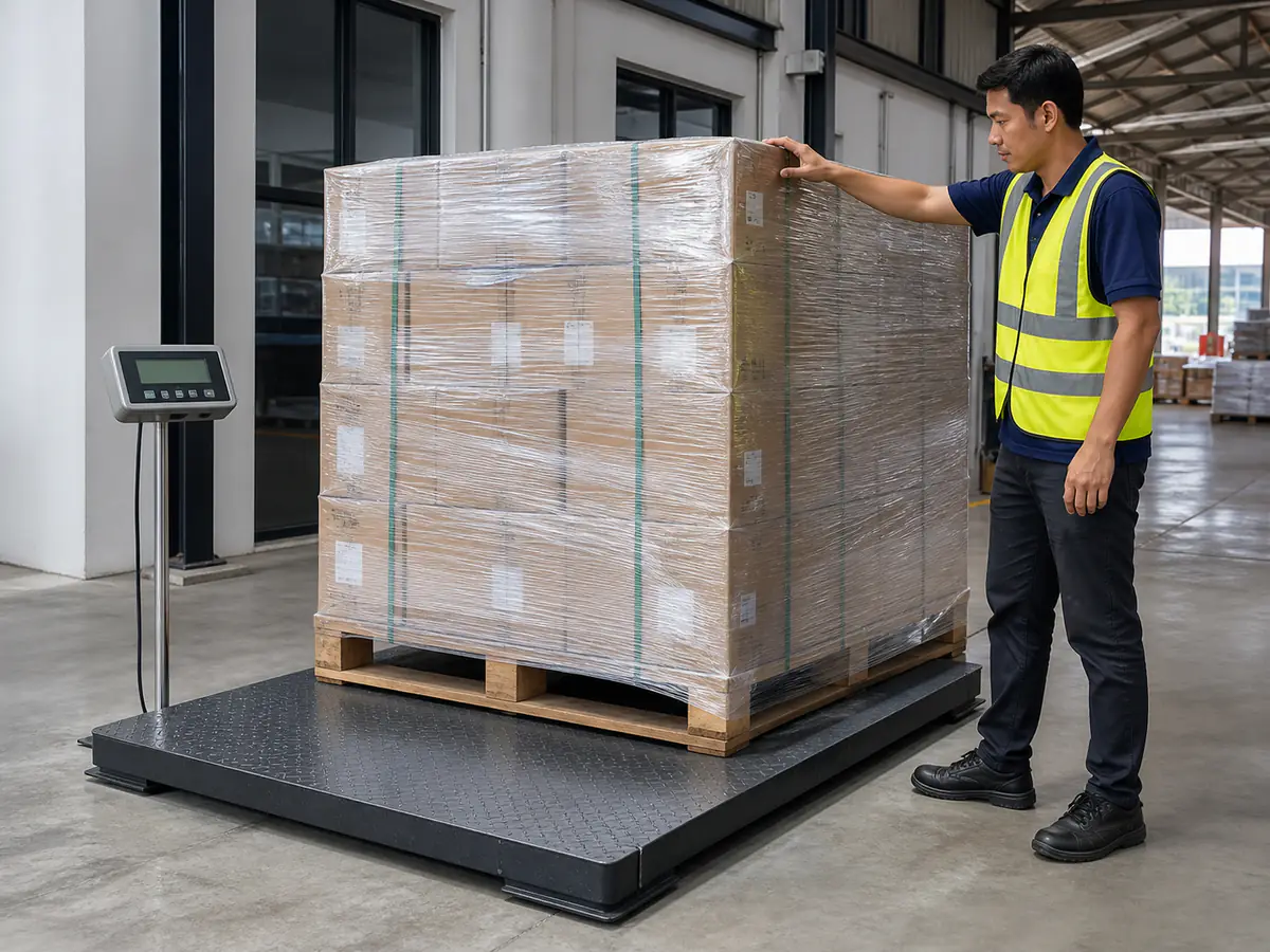 Pallet berbalut di atas penimbang gudang