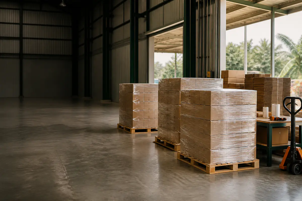 Pallet komersial berbalut di ruang persediaan gudang Malaysia