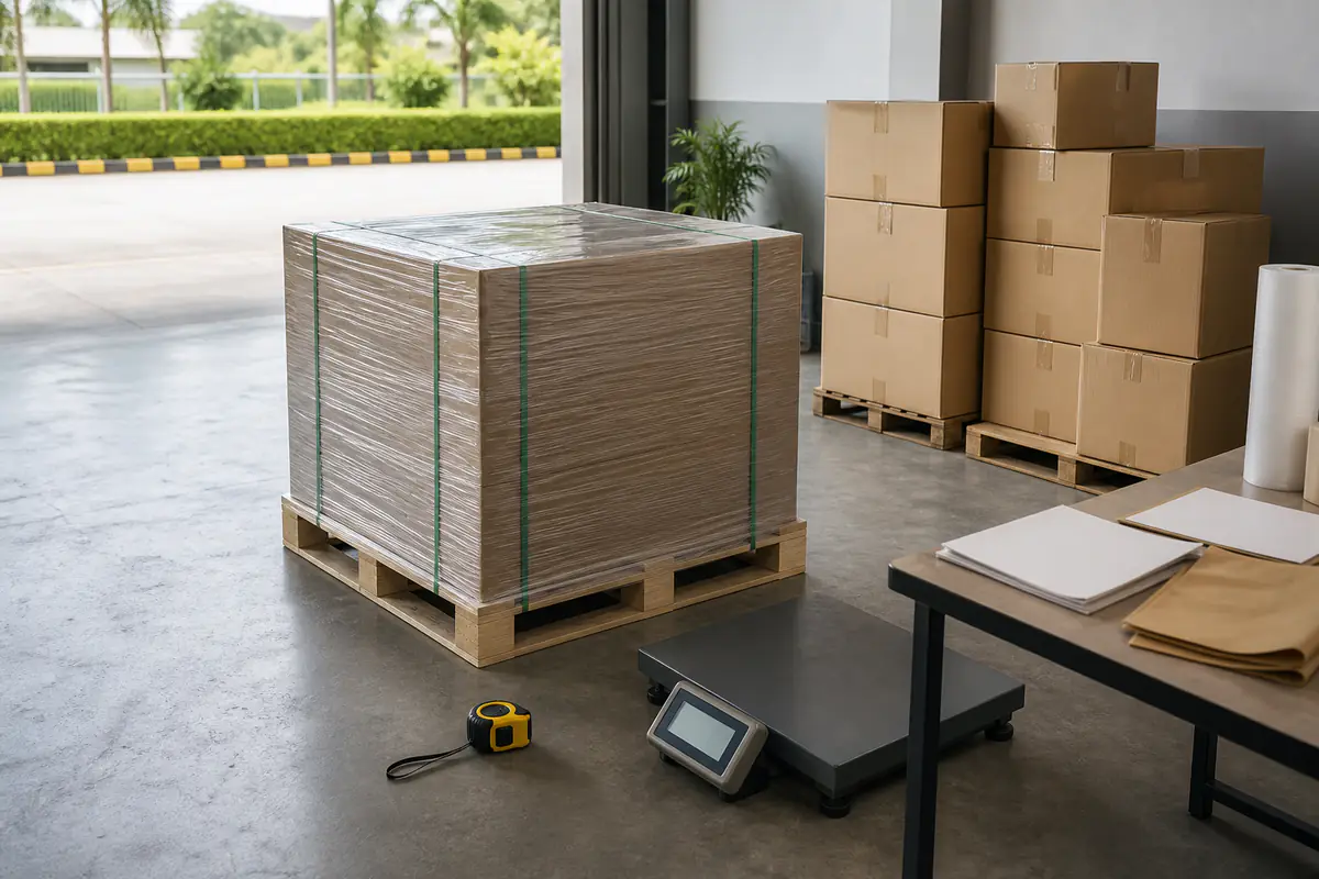 Pallet berbalut, penimbang dan dokumen kosong sedia untuk semakan harga