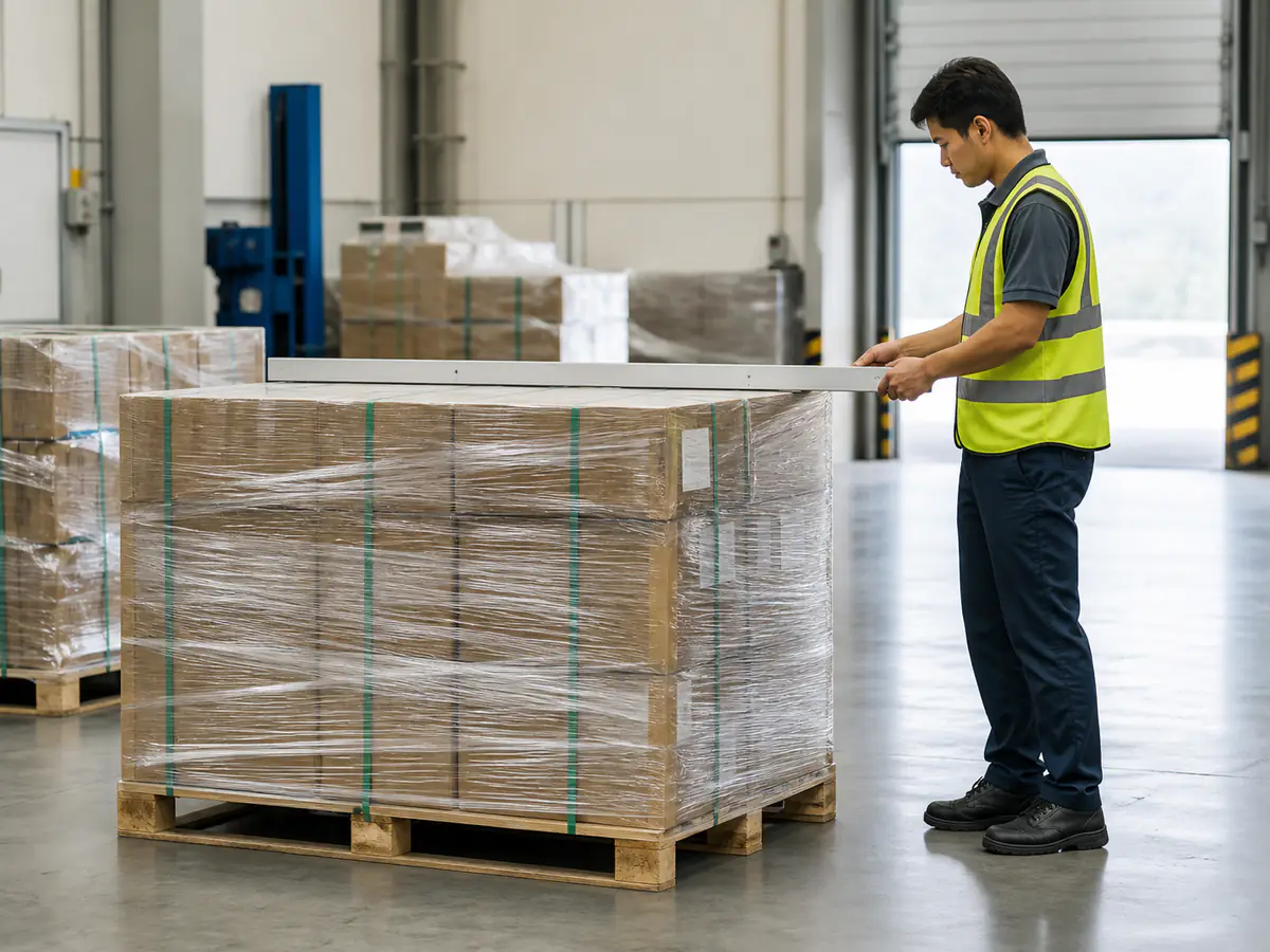 Pekerja memeriksa permukaan atas pallet berbalut