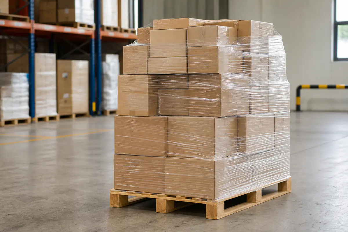 Stok runcit dibalut penuh di atas pallet